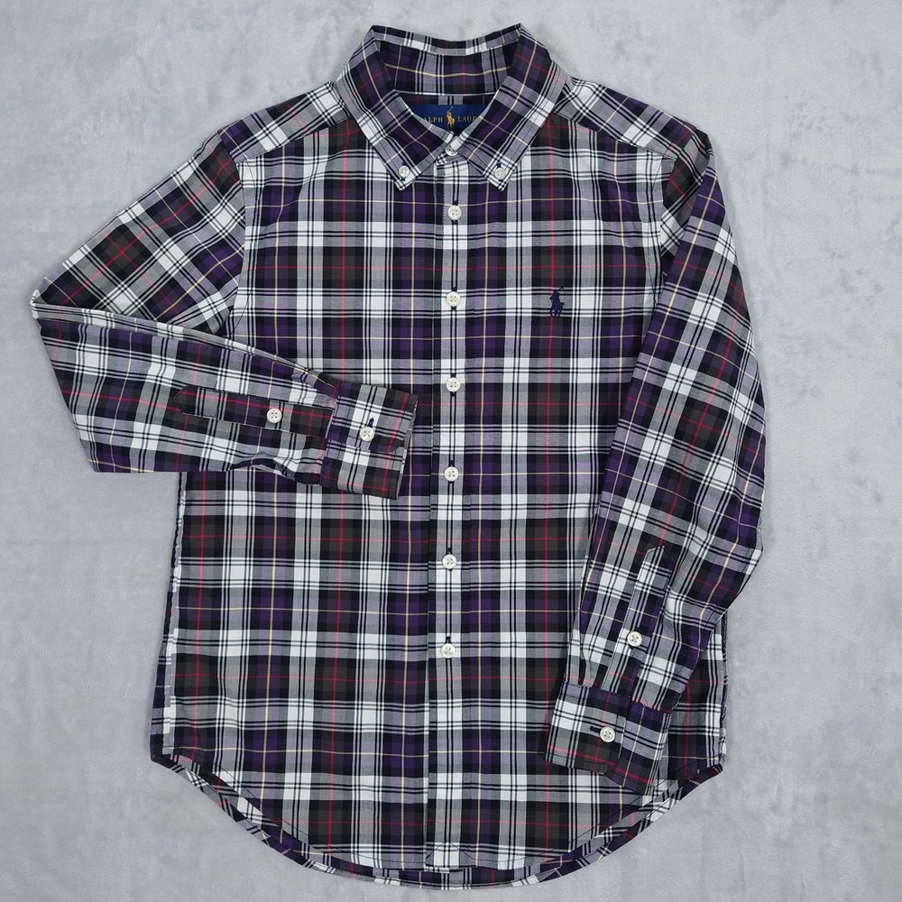 Polo Ralph Lauren Boys S 8 Button Down Shirt Long Sleeve Purple Plaid Preppy